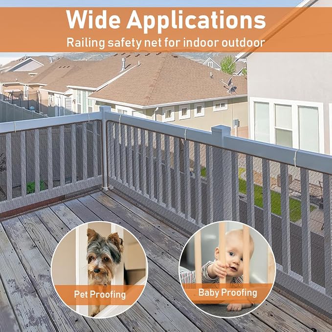 Banister Guard 6.6ft x 2.6ft Child Safety Net Balcony Stair Railing Proof Mesh for Kids, Toys, Pets, Brown
