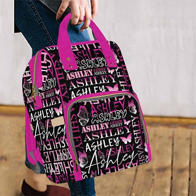 Artsadd Personalized Nappy Bag Large Capacity Diaper Bags, Customized Pink Butterfly Daypack Custom Monogrammed Diaper Backpack for Daughter Granddaughter Gifts