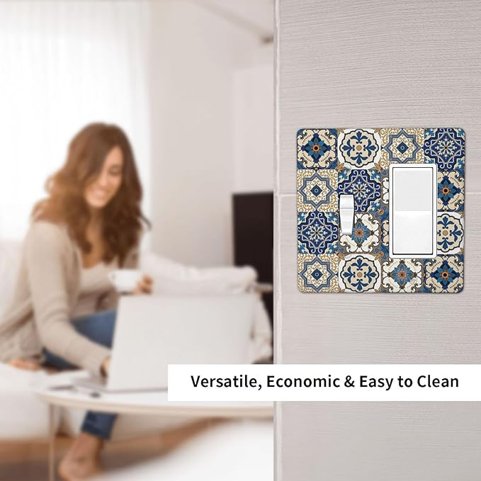 Boho Talavera Decorative Tile Moroccan Mandala Print Outlet Covers 1 Toggle 1 Rocker Combination Decorative Wall Plate Electrical Switch Plates Light Switch Cover Plate for Bathroom Kitchen Decor