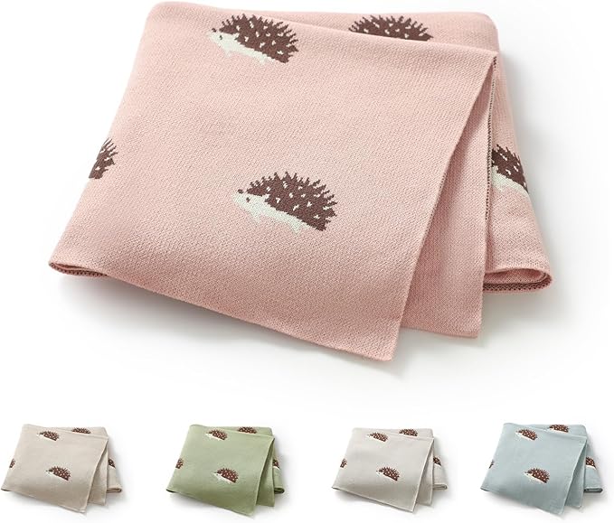 Opewod Baby Blanket 100% Cotton Baby Swaddle Blanket Knit Soft Cozy Lightweight Unisex Receiving Stroller Quilt Blanket with Cute Hedgehog 30x40 Inch Pink