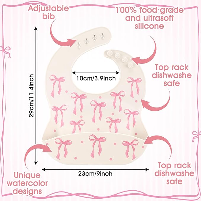 Remerry Pink Bow Silicone Bib for Baby Girls, Pink Waterproof Feeding Bib with Pocket Adjustable Fit for Babies and Toddlers Drooling and Teething