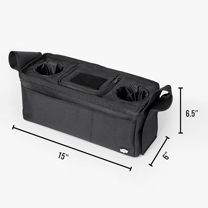 Tactical Baby Gear Stroller Caddy Organizer – Universal Fit Parent Console with Insulated Cup Holders, Cooler Pocket, Front Phone and Keys Storage