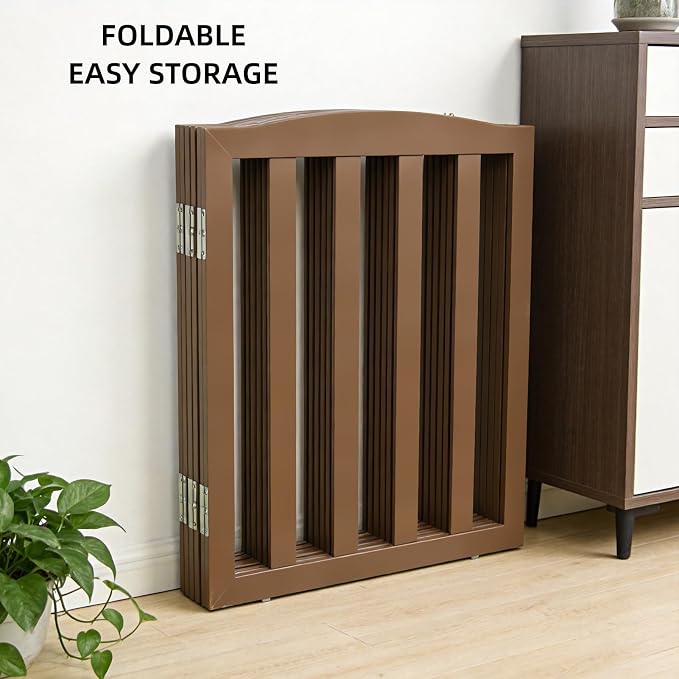 ZJSF Foldable Freestanding Indoor Dog Gate for House Wood Long Pet Gates Dog Fence for Stairs Puppy Gates for Hallways, Puppy Gate,Support Feet Included, Brown, 32 "Height-2 Panels
