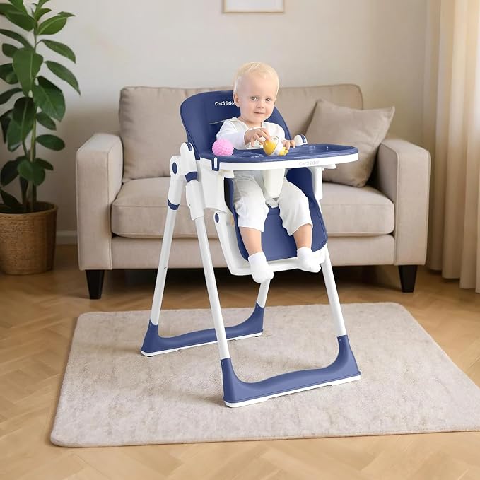 Cochildor 3-in-1 Foldable High Chair for Babies & Toddlers – Adjustable Height, Reclining Seat, 5-Point Safety Harness, Removable Tray, Lockable Wheels, Washable Cushion – Portable & Easy Clean, Blue