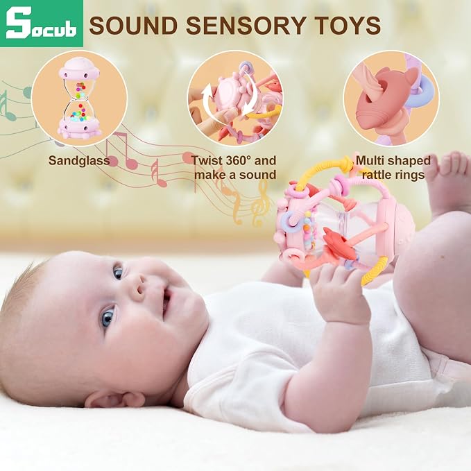 Socub Baby Montessori Sensory Toys for 0-6 6-12 Months, Food Grade Teething Toys for Babies 3-6 6-12 12-18 Months, Newborn Infant Learning Developmental Rattle Toy for 6-12 Months Boys Girls(Pink)