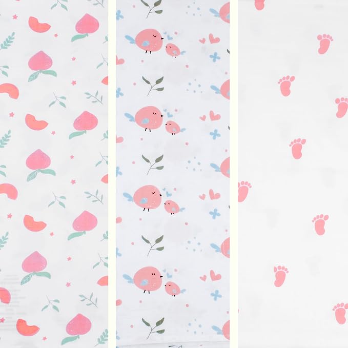 BabySparrow Muslin Swaddle Blankets 3-Pack – Pink Bird 47x47 Cotton Baby Swaddles for Newborns, Soft Breathable Receiving Blankets & Newborn Essentials, for Girls & Boys