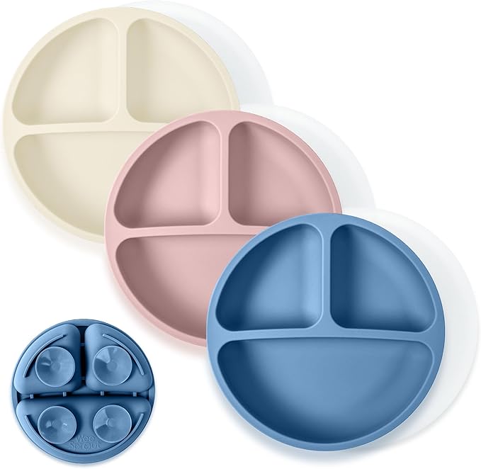 WeeSprout Suction Plates with Lids for Babies & Toddlers - 100% Silicone, Dinnerware Stays Put, Divided Design for Picky Eaters, Microwave & Dishwasher Friendly, 3 Pack