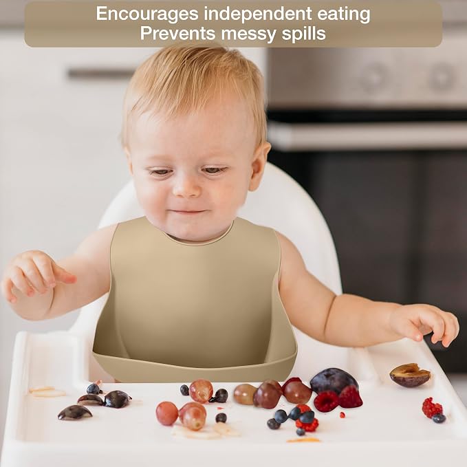 Baby Feeding Set 10-Piece | Baby Led Weaning Utensils Set Includes Suction Bowl and Plate, Baby Spoon and Fork, Sippy Cup, Straw, Lid & 2Bibs | Baby Feeding Supplies (B-Beige)