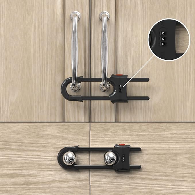 4 Pack Child Proof Sliding Cabinet Door Code Locks Baby Safety Cupboard Locks Adjustable U Shaped Cabinet Latches for Knob Handle Drawers Closet Palstic (4PCS, Black)