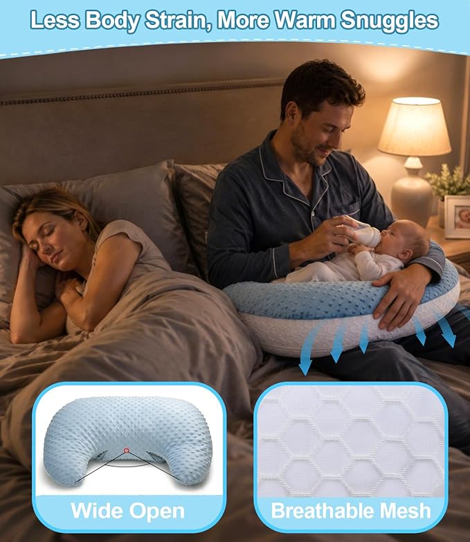 Multifunctional Nursing Pillow, Wider Breastfeeding Pillow with Minky Dot & Breathable Mesh, Anti-Slip Base for Tummy Time & Baby Sitting Support, Removable Soft Cover, Large Opening for Most Body