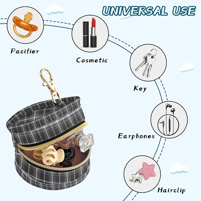 Black Tartan Plaid Print Pacifier Holder Case with Clip Portable Pacifier Storage Bag for Girls Boys
