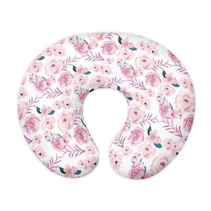 Pink Rose with Leaves Nursing Pillow Cover Slipcover, Breastfeeding Newborn Infant Feeding Cushion Cover Pillow Slipcovers for Breastfeeding Moms