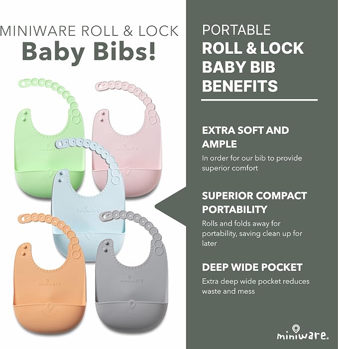 Miniware Roll & Lock Silicone Baby Bib, Easy Mealtime Cleanup - Food-Grade Adjustable Neck Strap and Food Catcher