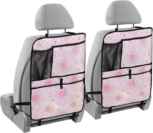 JIPONI Car Backseat Organizer, Pink Suns Automotive Back Seat Protector, Kick Mats with Storage Pockets for Kids Pets, Road Trip Accessories (2 Pack)
