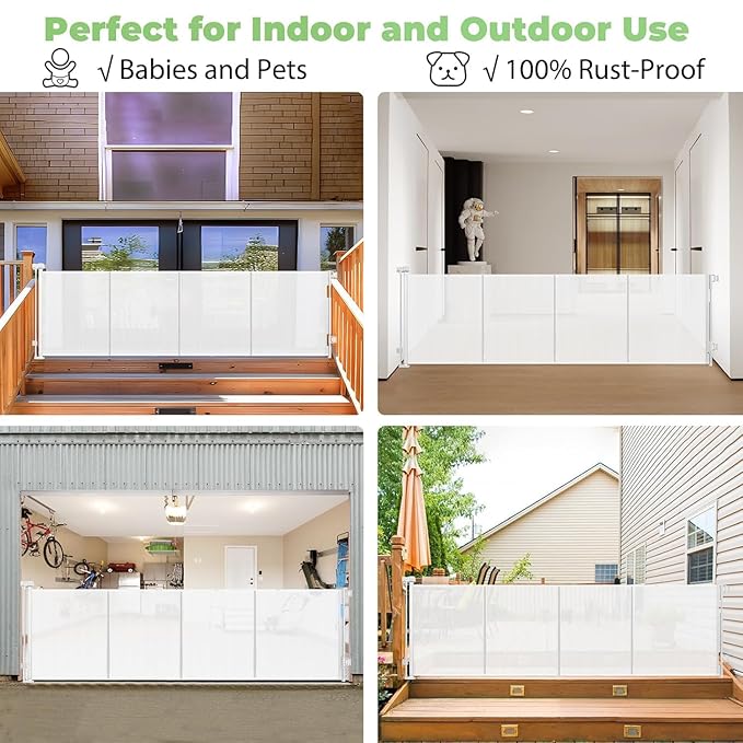 Reinforced 155 Inch Extra Wide Retractable Baby Gate with Reinforced Rods, 13 Feet Wide Retractable Dog Gate ??Prevents Crawling Under, Extra Long Baby Gate Retractable Fence Outdoor Garage Gate/White