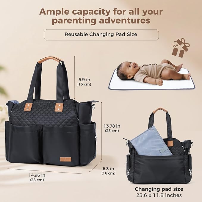 Lekebaby Diaper Bag Tote - 17 Pockets Large Travel Diaper Waterproof Tote with Portable Changing Pad, Mom Crossbody Hospital Bag for Labor Delivery, Baby Essentials for Newborn Gifts, Black