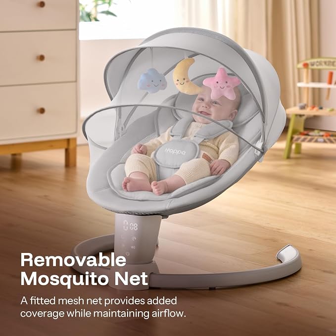 HARPPA Weddell Electric Baby Swing for Infants, 5-Point Harness, 5 Motion Levels, Remote & Touch Control, Built-in Melodies, Portable Baby Swing for Indoor Use,Light Gray