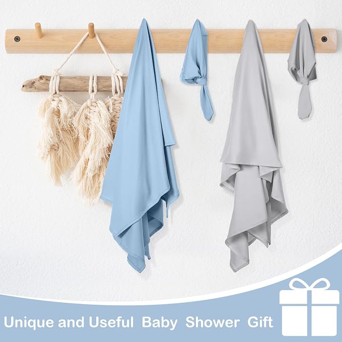 JaGely 2 Pcs Stretchy Baby Swaddle Blankets Set with Hats Extra Soft 47" x 47" Newborn Nursery Swaddle Wrap for Baby Girls and Boys(Light Gray, Light Blue)