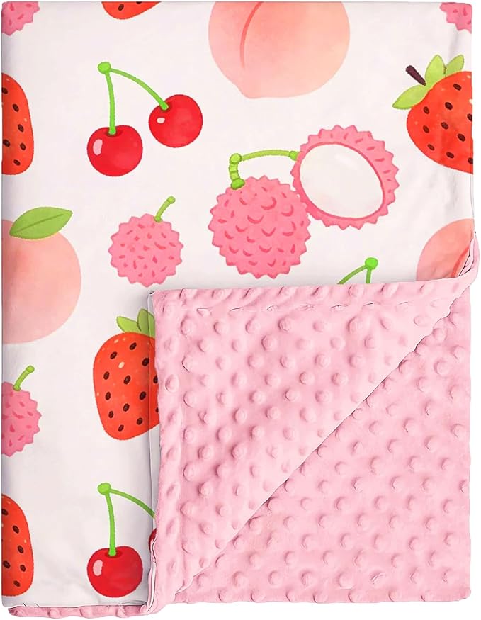 Strawberry Cherry Peach Lychee Minky Baby Blanket for Girls, 29.5'' x 39.3'' Soft Double Layer Receiving Blankets with Dotted Backing for Newborn Toddler Nursery Crib Stroller Car Seat