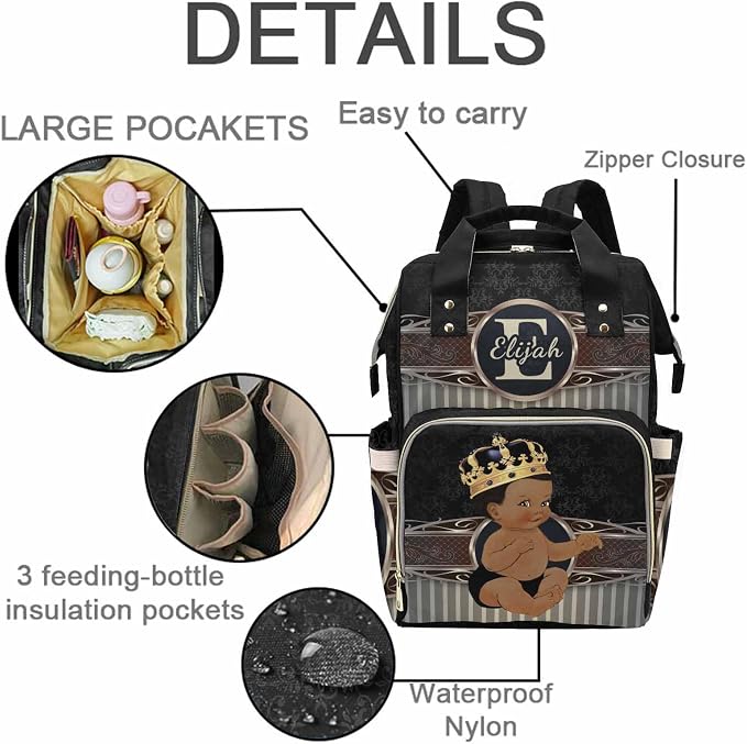 M YESCUSTOM Personalized Baby Diaper Bags for Women Men, Custom Brown Black Prince Backpack Customized Nappy Mommy Bag Backpack for Son Daughter Travel, Camping, Hiking Picnic