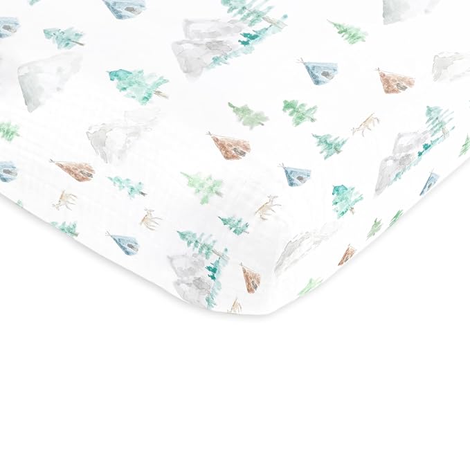 SwaddleDesigns 6-9 Mo Baby Sleep Set, Teal and Watercolor Mountains & Trees, Transitional Swaddle Sack with Arms Up Half-Length Sleeves & Mitten Cuffs and Softest Cotton Muslin Crib Sheet