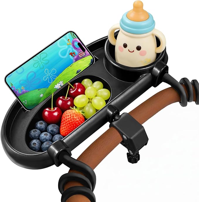 Universal Stroller Snack Tray with Cup Holder and Phone Holder, 3-in-1 Baby Stroller Tray with Secure Non-Slip Secure Clamp, Fits Most Strollers & Wagons, Toddler Snacking On The Go