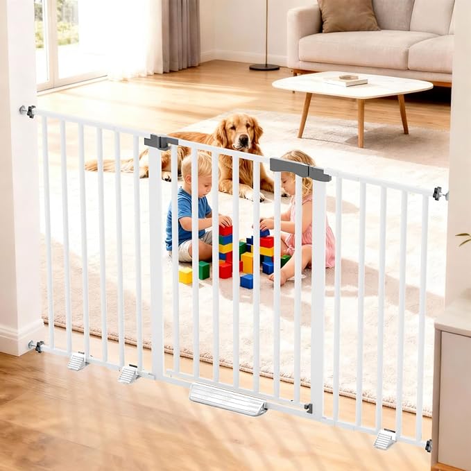 41'' Extra Tall Baby Gate for Large Dogs Pets Indoor No Jumping Over, 30-49.2'' Wide Heavy Duty Puppy Gate for Doorways, Pressure Mounted Metal Gate for Child Toddler No Tools Needed(White)