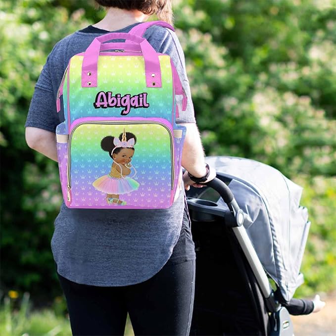 Personalized Name Diaper Baby Bag for Holiday Birthday Gift, Custom Multicolor Crown Mommy Nursing Backpack with Large Capacity Travel Daypack for Women Wife