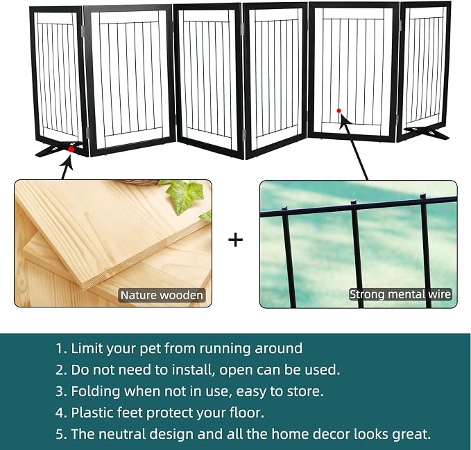 Dog Fence Indoor - 6-Panel Freestanding Dog Gate for Doorways, Hallways, House or Stairs -120x32-Inch Retractable Foldable Expandable Wood Pet by SFJC (Black)