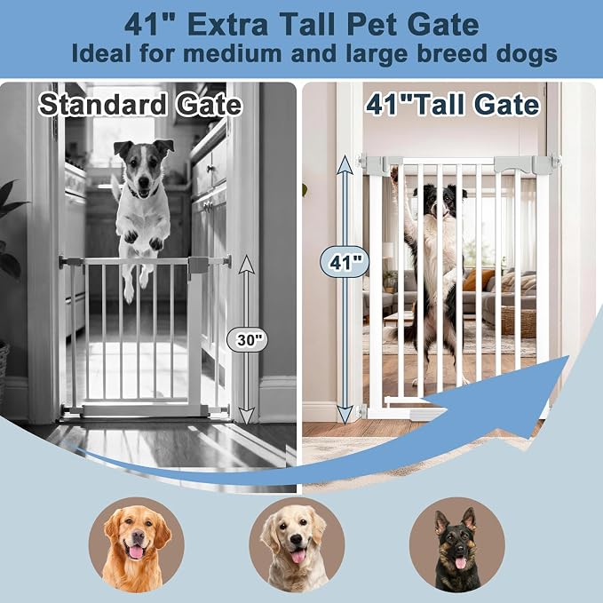 41" Extra Tall Dog/Pet Gate gate for Indoor,Heavy Duty Pressure Mount Baby Gate with Auto-Close & Walk Through,Adjustable Width 30-49.2 Inches, for Stairs, Doorways, Kitchen, White