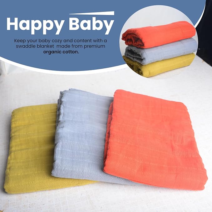 Organic Muslin Swaddle Blankets, 100% Organic Cotton, Baby Wrap for Boys and Girls, Soft Breathable and Skin-Friendly, Newborn Blankets, Baby Essentials, Registry&Gift, 3-Pack, Large 47 x 47 inches