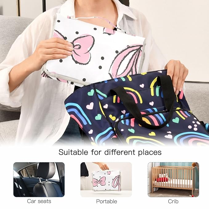 Pink Bow Portable Diaper Changing Pad - Waterproof Foldable Baby Diaper Changing Pad with Built-in Pillow, Travel Diaper Changing Mat for Newborn Baby