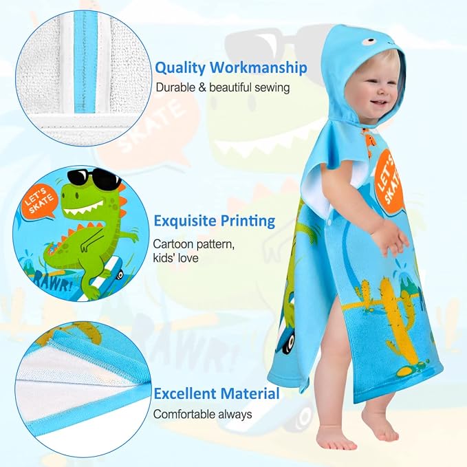 HUANLANG Kids Hooded Pool & Bath Poncho, Super Soft & Absorbent Cotton Towel, Dinosaur Beach Towels for Toddlers 0-7 Years Old