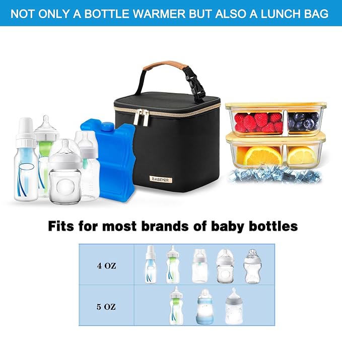 Insulated Bottle Bag with Ice Pack Fits 4 Large Baby Bottles Up to 5 Ounce, Cooler Bag Great for Nursing Mom Daycare-Black