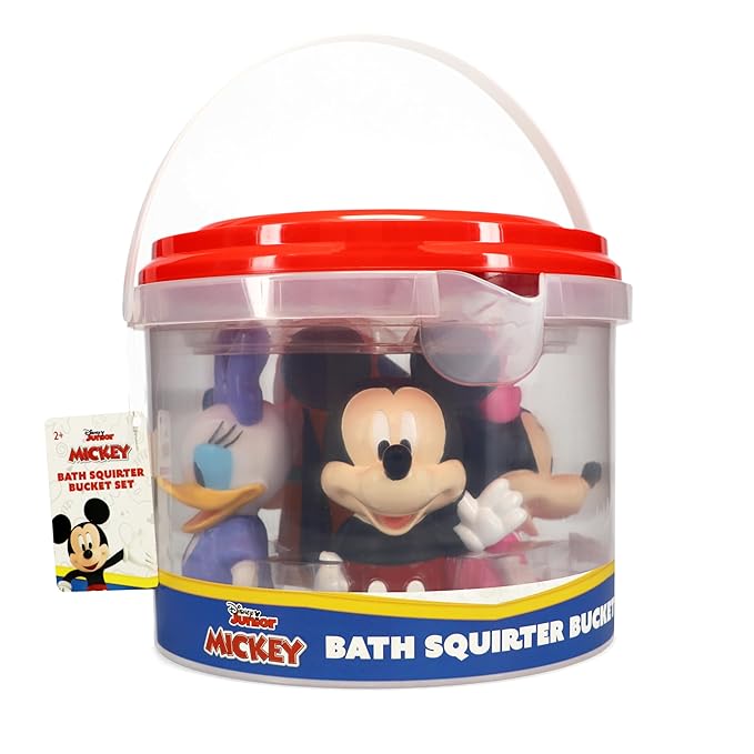 Mickey & Friends 6 Piece Bath Squirter Bucket Set. Bath Toys for Baby and Toddlers, Includes Organizer Bucket with Drainage to Store Your Bath time Water Toys.