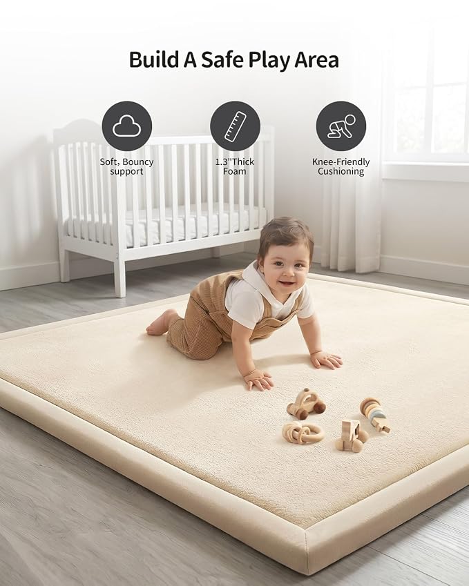 Goyuu Ultra Soft 1.3" Thick Baby Play Mat for Floor, 59x71 Playpen Mat Elasti-Foam Padded Crawling Mat for Babies, Toddlers, Infant, Kids, Non-Slip Backing Safe for Tummy Time, Beige