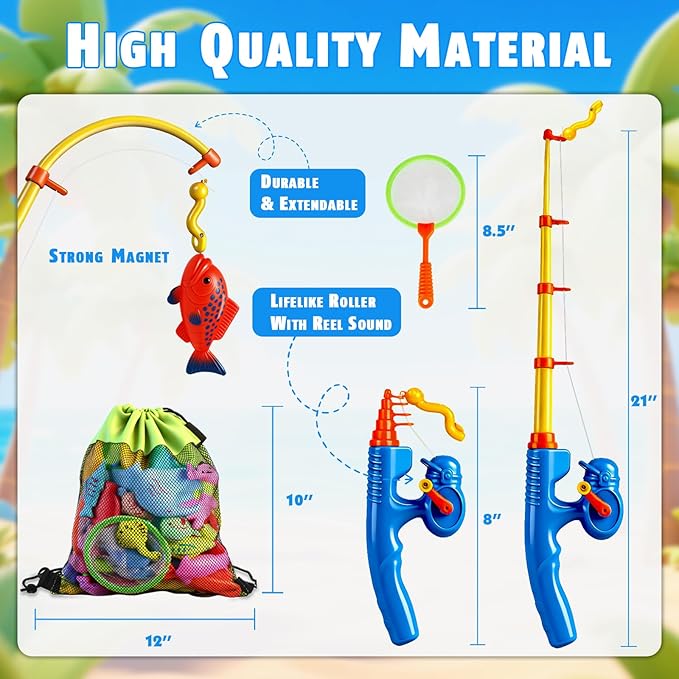 CozyBomB??Magnetic Fishing Toys Game Set for Kids | Water Table Bathtub Kiddie Pool Party Pole Rod Net, Outdoor Plastic Floating Fish, Toddler Bath Color Ocean Sea Animals Birthday Gift Age 3-5 6 4-8