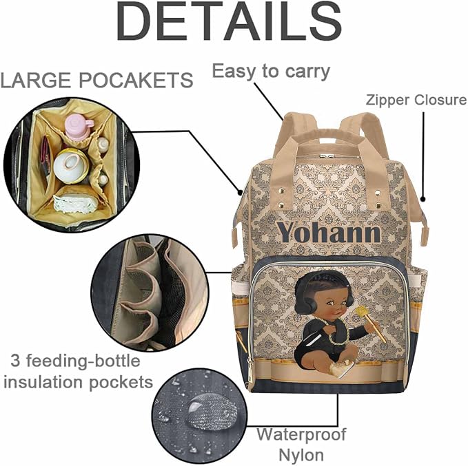 M YESCUSTOM Custom Diaper Backpack with Name, Crown Baby Backpacks for Dad Mom - Insulated Pockets, Portable Nappy Bags - Nursery Bag Gift
