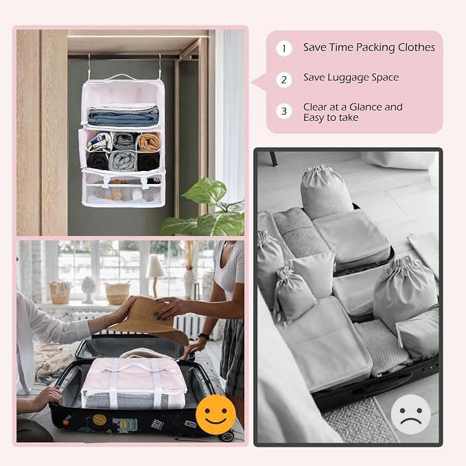 Surblue Hanging Shelves Travel Storage Bag Compression Packing Cube for Suitcase Portable Closet Organizer Collapsible with Extension Layer Large Capacity,Pink,XXL