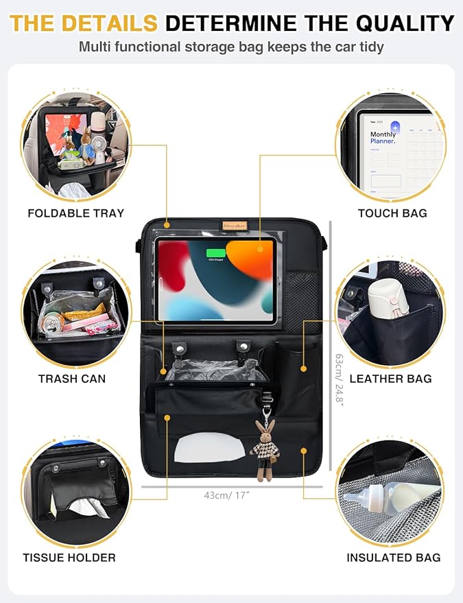 2-Pack Leather Car Backseat Organizer with Tablet Holder?“Foldable Food Tray,Storage Pockets,Trash Can,Tissue Holder & Insulated Bag?“Kick Mats Protector for Kids,Travel Accessories Organizer