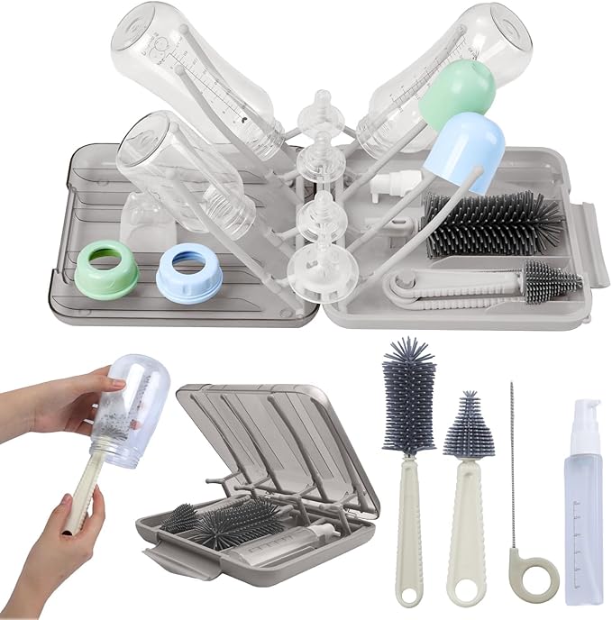 6 in 1 Baby Bottle Brush Cleaner with Silicone Brushes - Premium food-grade silicone, Dishwasher Safe & Heat Safe - Travel Friendly Portable Baby Bottle cleaner Kit - White
