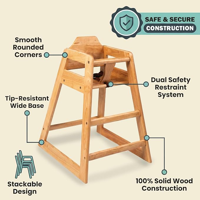 LA Baby Wooden High Chair - Restaurant Style Solid Wood Highchair for Babies and Toddlers - ASTM F404 Safety Certified - Stackable Design - Natural