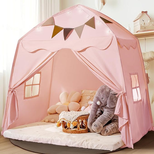Extra Large Toddler Bed Tent & Kids Play Tent Bed Tent with Flags & Star Lights, Portable & Foldable Teepee, Indoor Outdoor Dome Tent Playhouse, 59x39x59 in,Pink