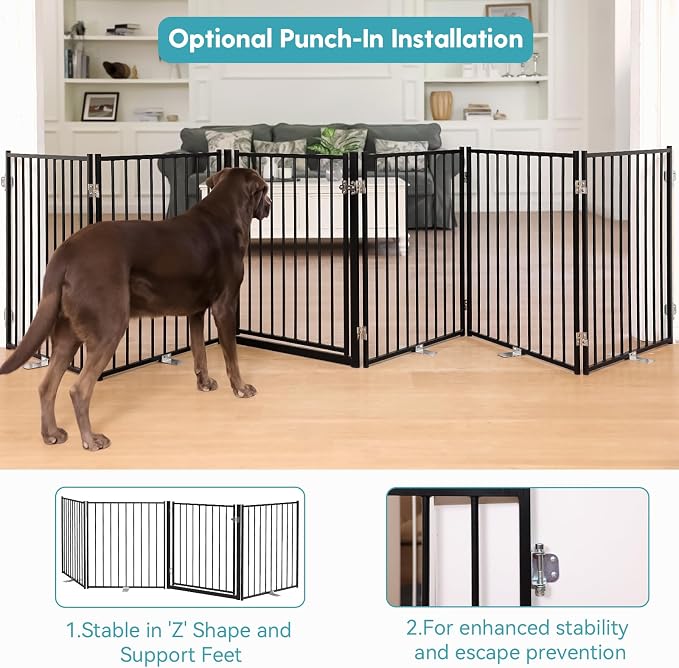 No Pawblems Free Standing Dog Gate with Door, 30'' Tall Foldable Dog Fence for Indoor & Outdoor, Up to 156 Inch Extra Wide Pet Gate for Yard, Deck, Doorways, Stairs, Hallways (Black, 6 Panels)