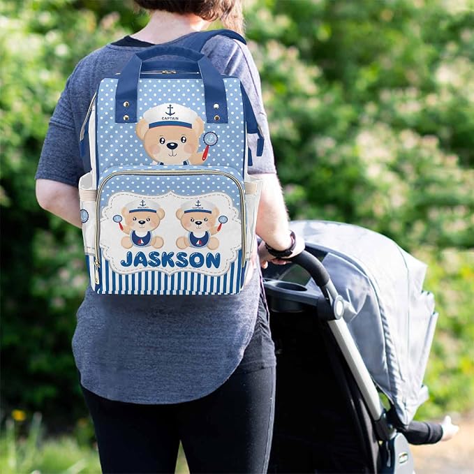 M YESCUSTOM Bag Backpack with Sailor Suit Cartoon Bear Personalized Blue Stripes and Dots Diaper Bag Custom Women Mom Travel Backpack