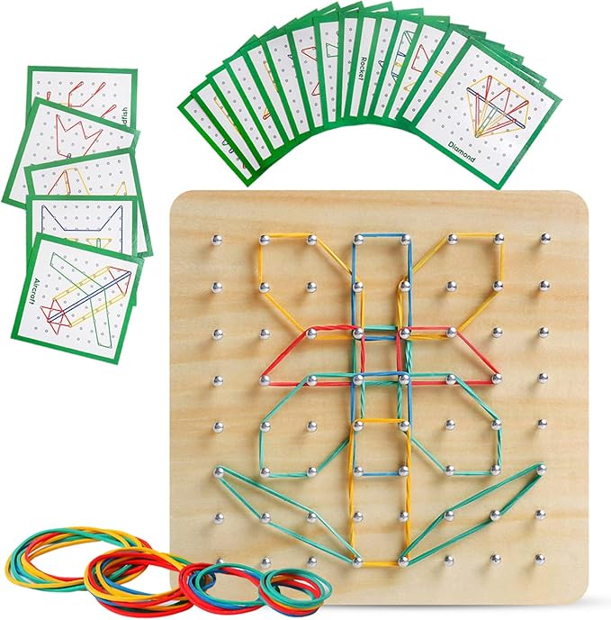 Wooden Geoboard with Rubber Bands Graphical Math Pattern Blocks Geo Board - Montessori Educational Toy for Kids with Pattern Cards and Rubber Bands Create Figures Shape STEM Puzzle Matrix Brain Teaser