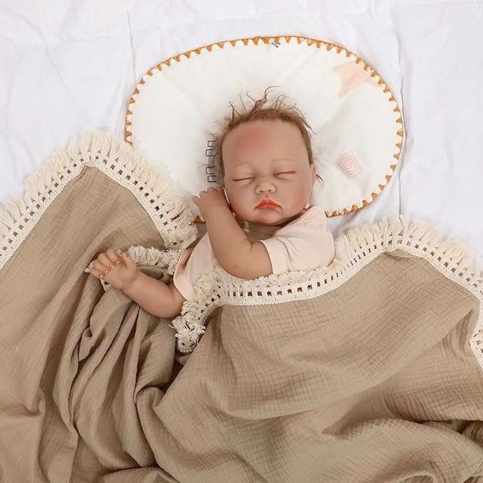 Cotton Muslin Baby Blanket with Tassel,Bunny Lovey Security Blanket,Soft Breathable Nursery Decor,Nursing Cover for Newborn Infant Toddler 47"x47"(Beige)