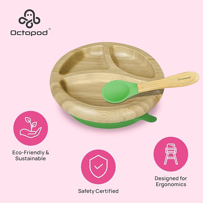Abiie Octopod Bamboo Dish - Kids Plates for 4 months and up, 3-Compartment Baby Plates with Suction, Round Bamboo Baby Plate, Mess-Free Toddler Suction Plates, Baby Feeding Supplies, 7.5 x 7.5 x 1.9in