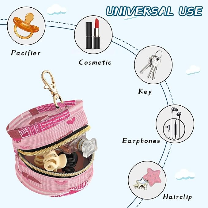 Pacifier Holder with Clip Pacifier Case for Diaper Bag Round Baby Pacifier Pouch Box Bag Portable Pink Striped Dachshunds and Hearts