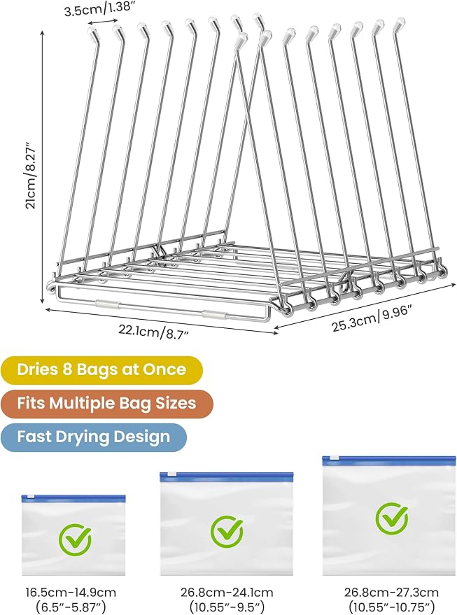 NiHome 2-in-1 Foldable Drying Rack – Stainless Steel Holder for Ziplock Bags, Plastic & Silicone Storage Bags, Cups, Dishes, and Baby Bottles. A Rust-Resistant Kitchen Drying Stand
